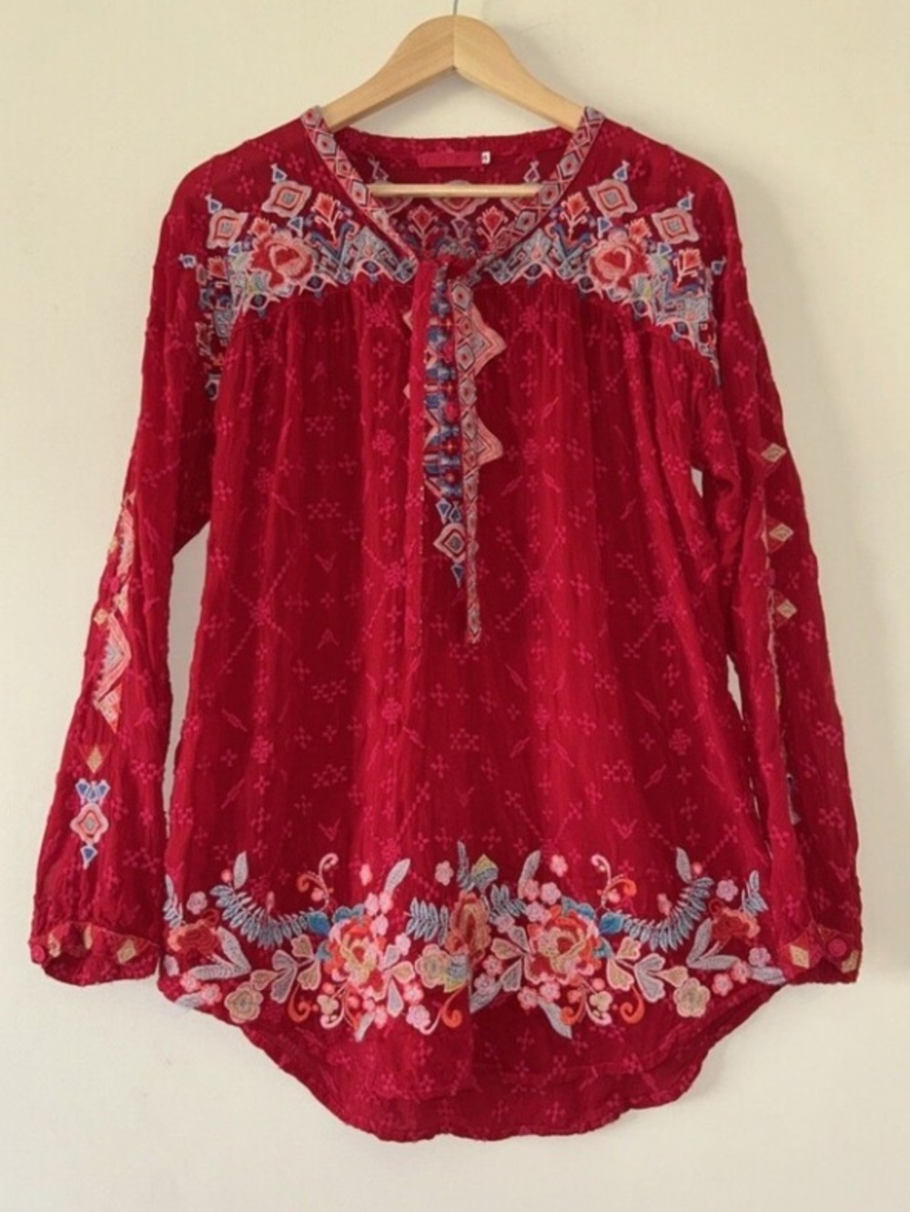 Johnny Was Womens Red Gina Embroidered Blouse Floral Geometric Top Small Boho